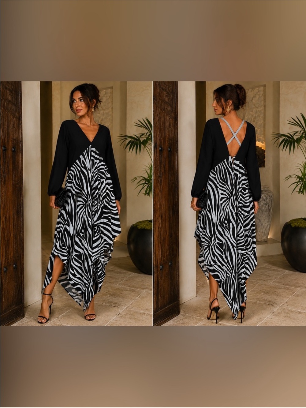 S-DEER Zebra Print Asymmetrical Maxi Dress Open Back Rhinestone